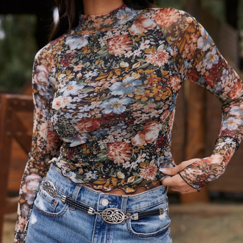 New Floral Mock Neck Sheer Long Sleeve Top